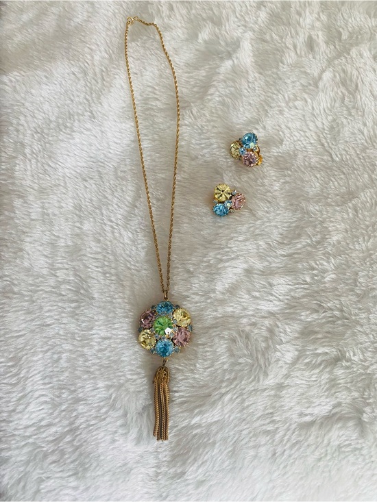 Jewelry - Vintage Gold-Tone Multicolor Rhinestone Pendant Necklace And Clip Earrings Set